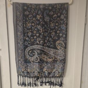 Paisley Fringe Wrap Scarf - Blue, Black & Cream